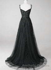 Black Sweetheart Tulle With Lace Long A-Line Evening Prom Dresses, Black Formal Dresses